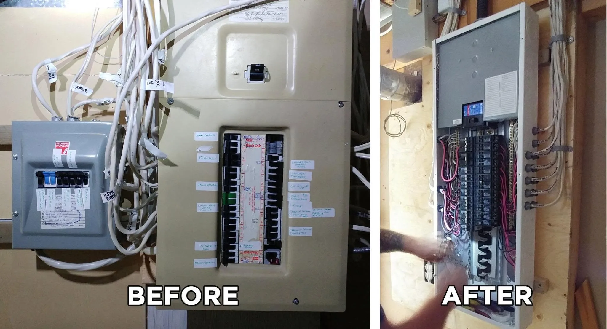 Before and after photos of a residential electrical panel replacement