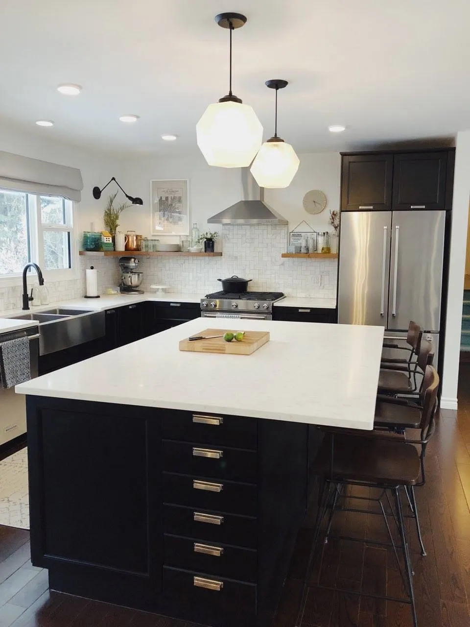 Kitchen island with globe pendant lights